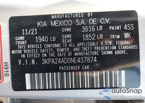 2022 Kia Rio Lx from USA, damaged, VIN 3KPA24AD0NE437874